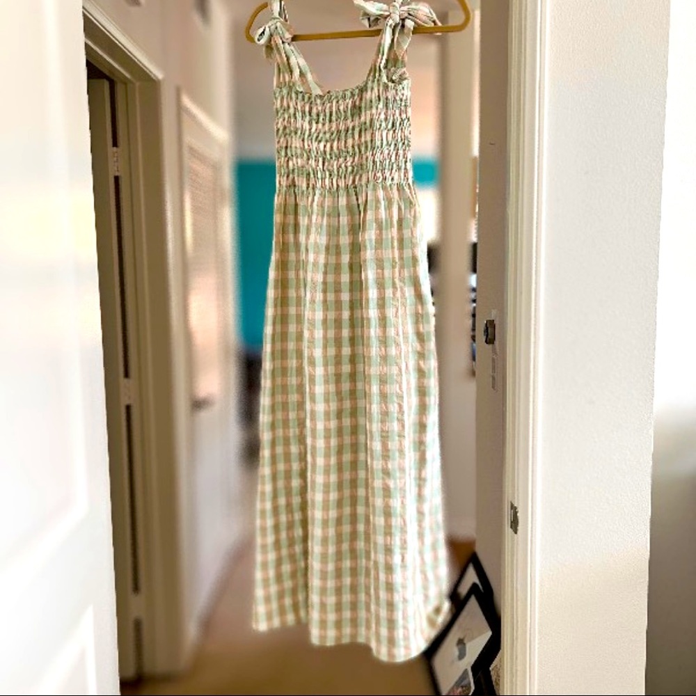 H&M maxi dress gingham mint green and brown